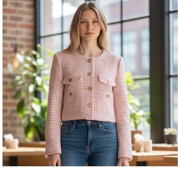 Joie Jackets & Blazers - Joie Tweed Cropped Jacket Womens Small Pink New With Tags Gold Button Lady Coat